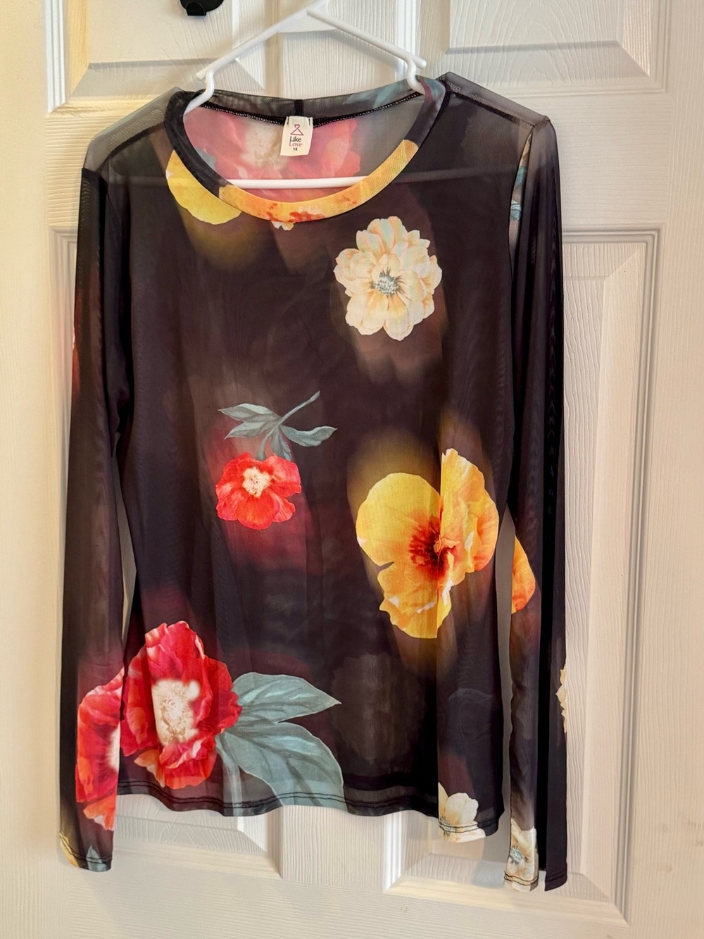 Black Floral Print Long Sleeve Women's Mesh Top